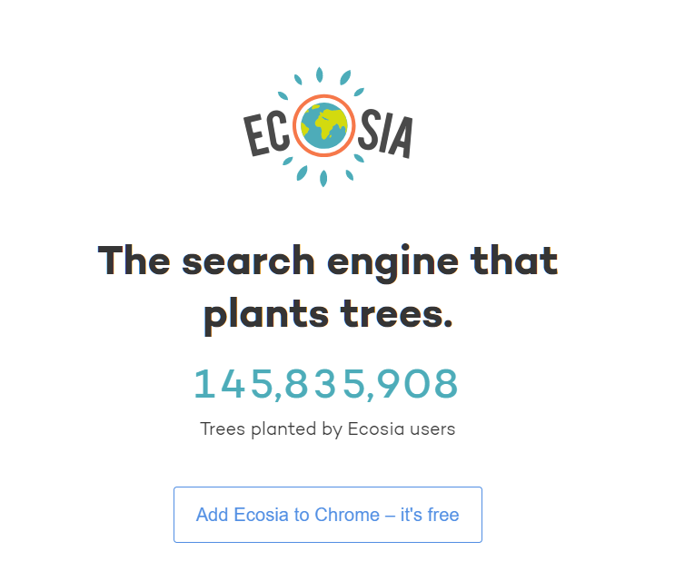 עמוד הבית של Ecosia, מנוע החיפוש שנוטע עצים, עם מונה העצים שניטעו